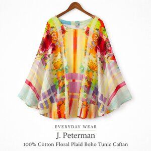 J. Peterman 100% Cotton Floral Plaid Boho Tunic Caftan Sz 8
